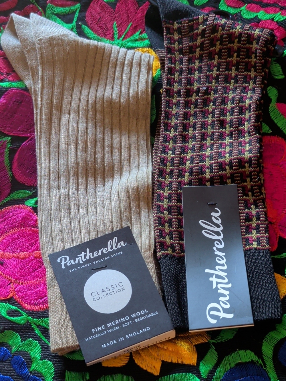 Pantherella Beige Ribbed Sock and Multicolor Patterned Dress Sock